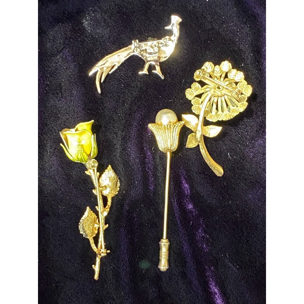 Vintage Misc. Lot of 4 Brooches Green Chrysanthemum Flower Peacock Yellow Rose - Picture 6 of 12